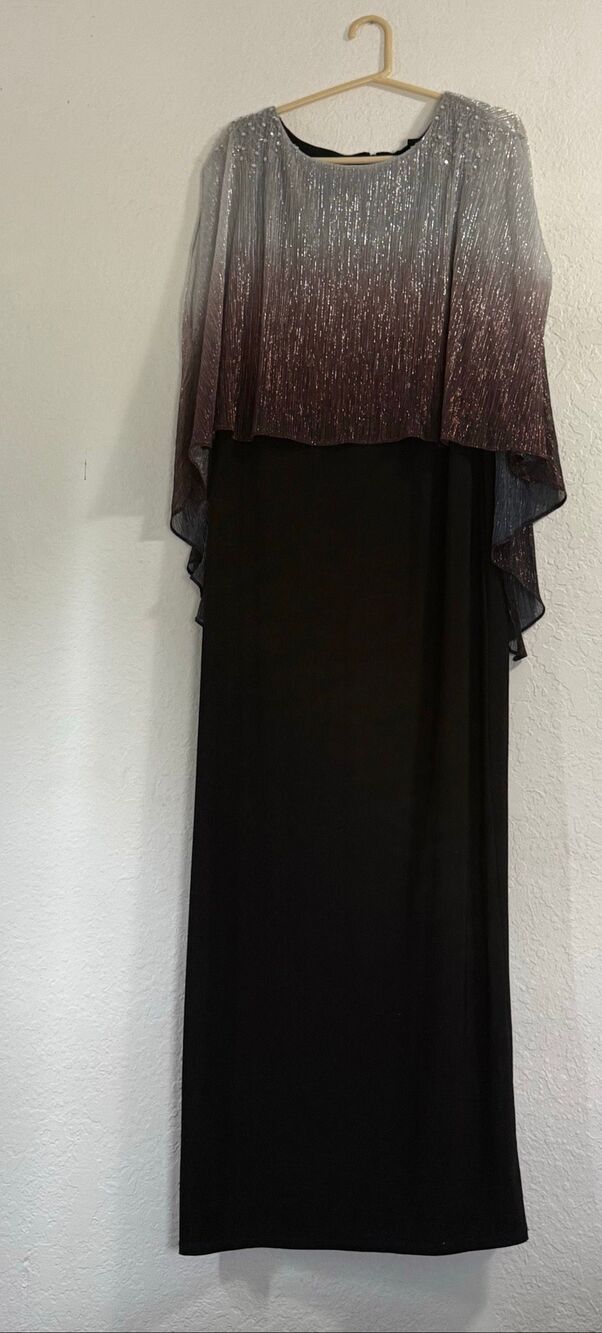 evening dress Ignite Evenings 16   silver ombré shimmering capelet overlay